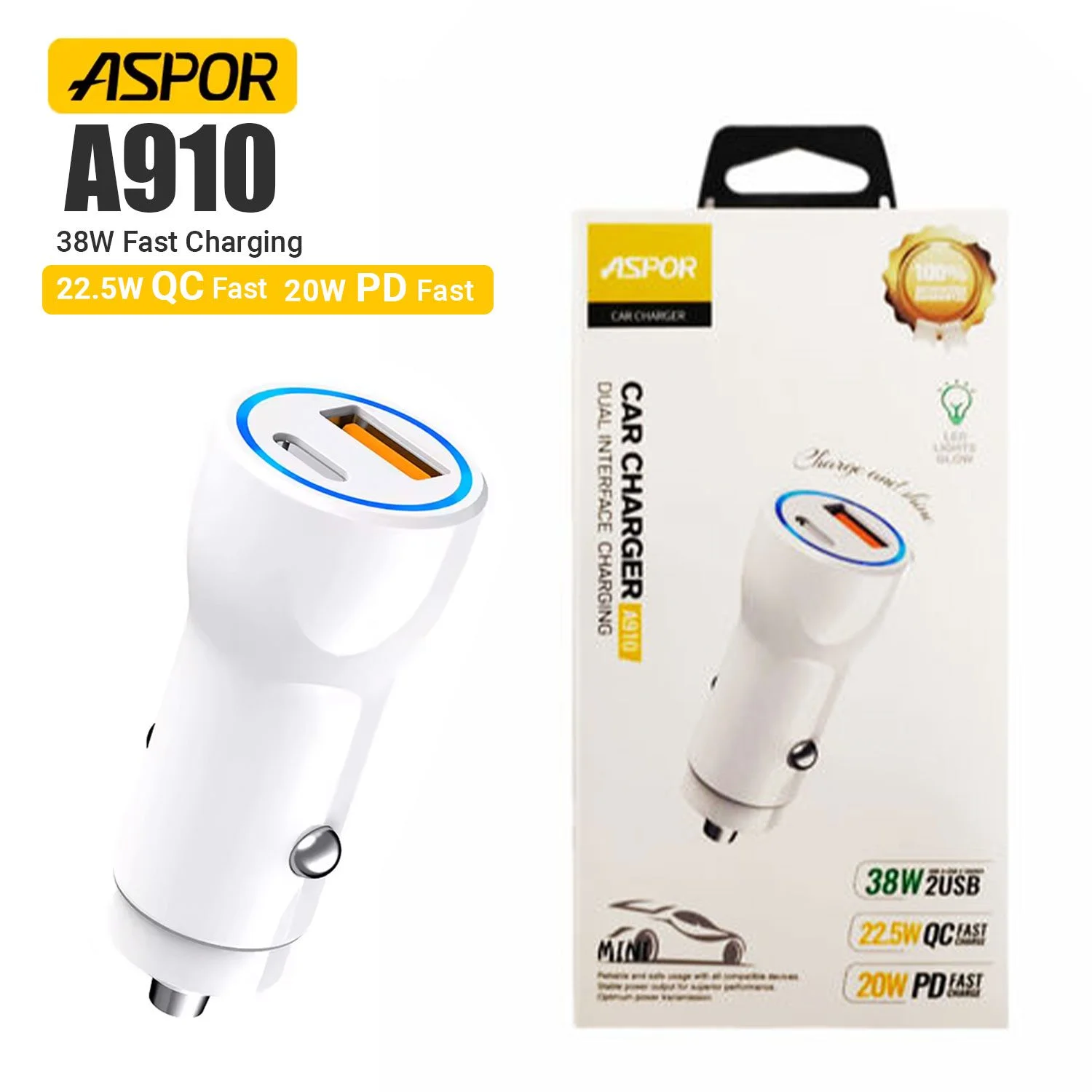 aspor-a910-fast-car-charger-qc-30-dual-aluminum-metal-38w-pd-portable