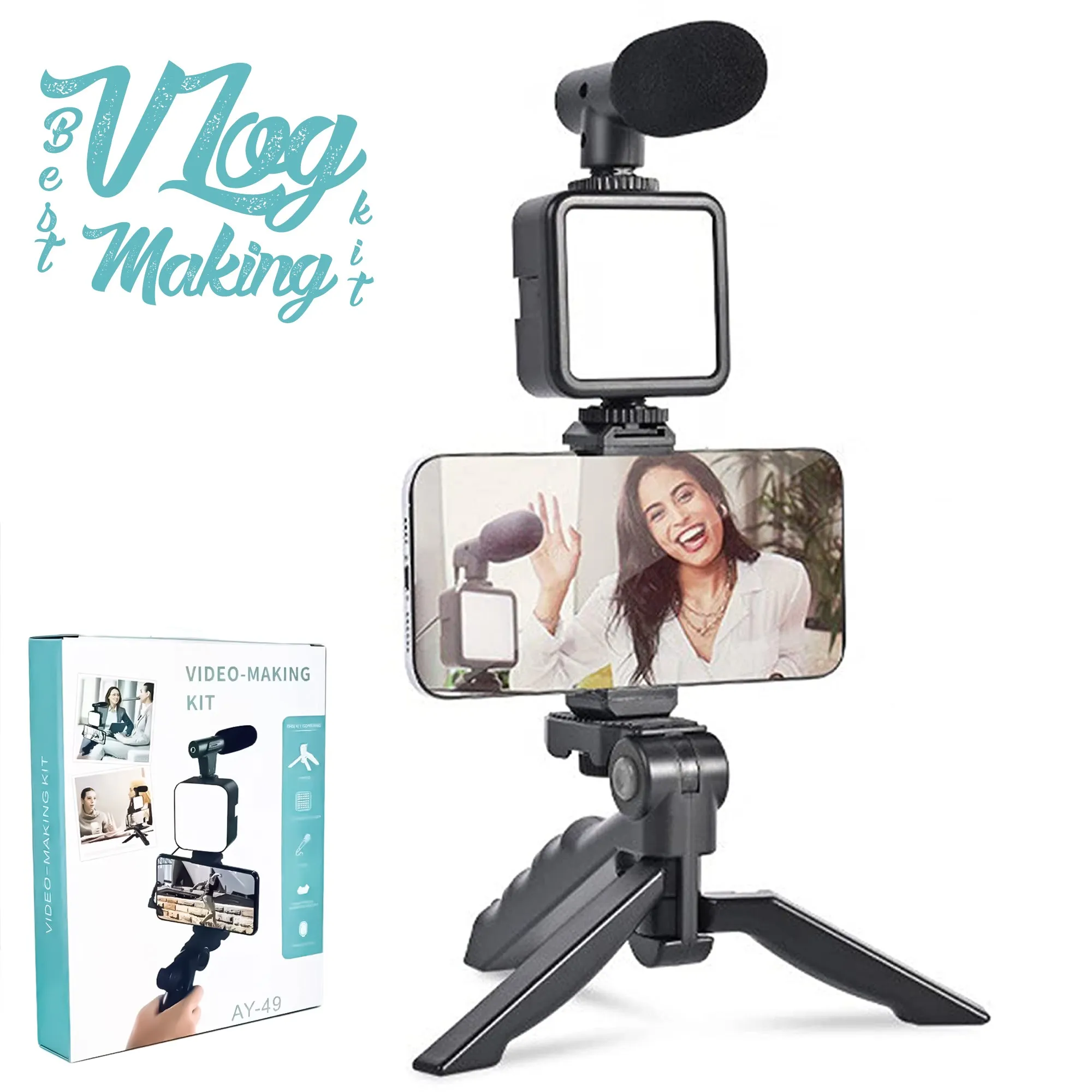 ay-49-video-making-vlogging-kit-tripod-triple-band-light